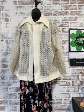 Vintage Women's Cream Openwork lace  Blazer with Point Collar XL